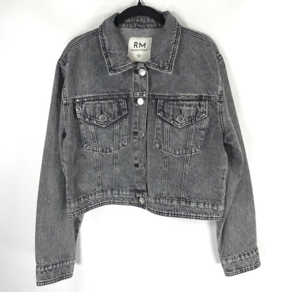 NWOT REBECCA MINKOFF Studded Jean Jacket Pockets Black Grey LARGE & XL‎